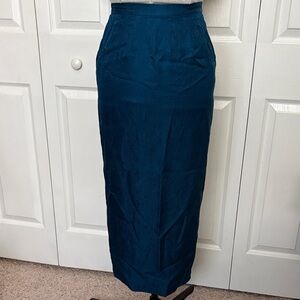 100% silk fully lined Elegant Teal Women's Midi Pencil Career Skirt Blue Jaquard